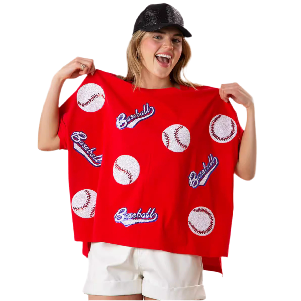 Sequin Baseball Graphic T-Shirt – Loose Fit Summer Tee for Women Sporty Glam with Fringe Detail