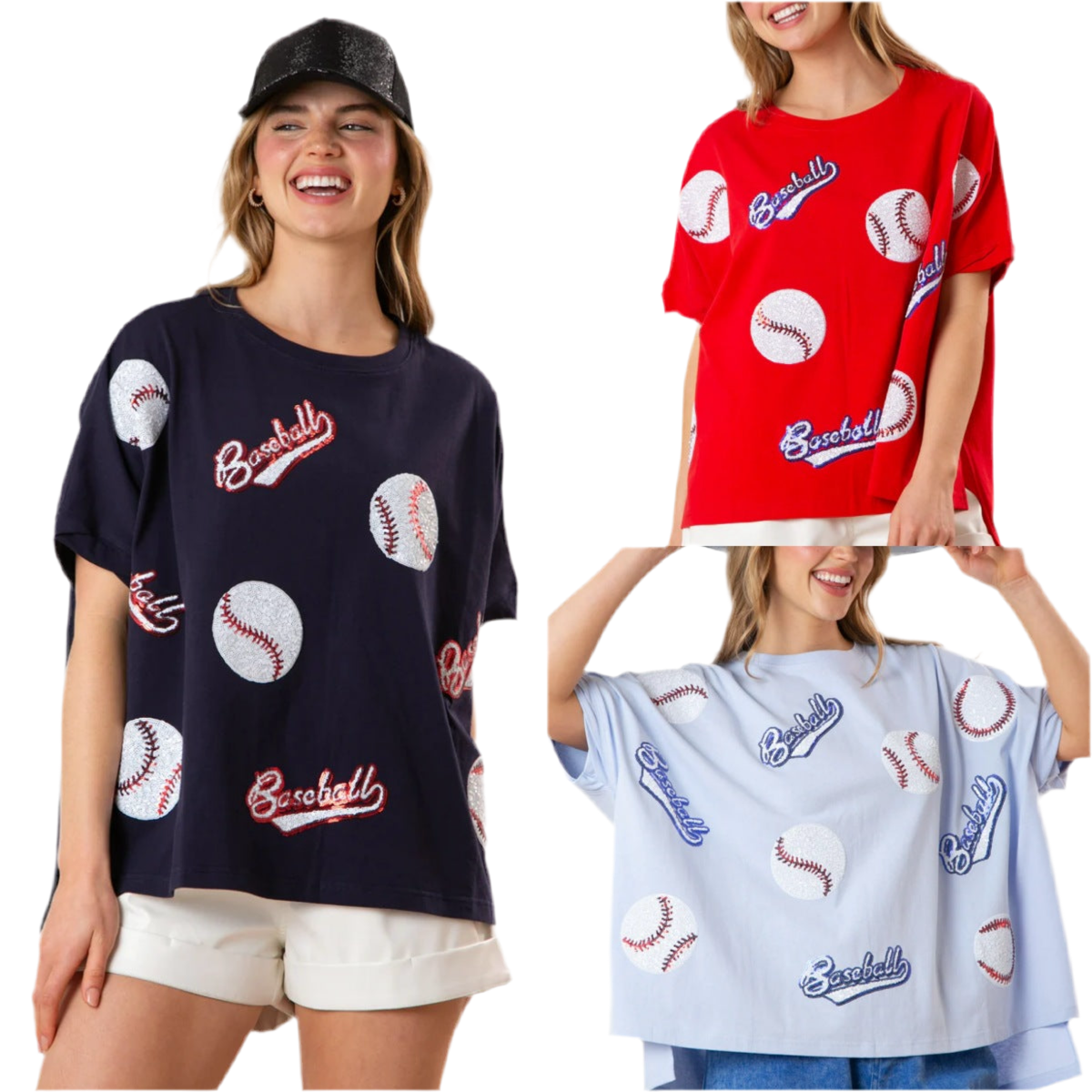 Sequin Baseball Graphic T-Shirt – Loose Fit Summer Tee for Women Sporty Glam with Fringe Detail