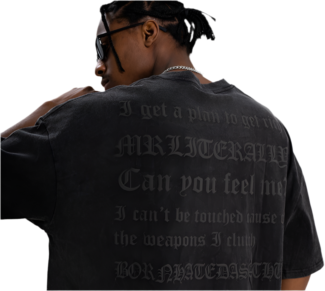 Washed Gothic Lettering T-Shirt – Puff Print Oversized Tee for Men Streetwear