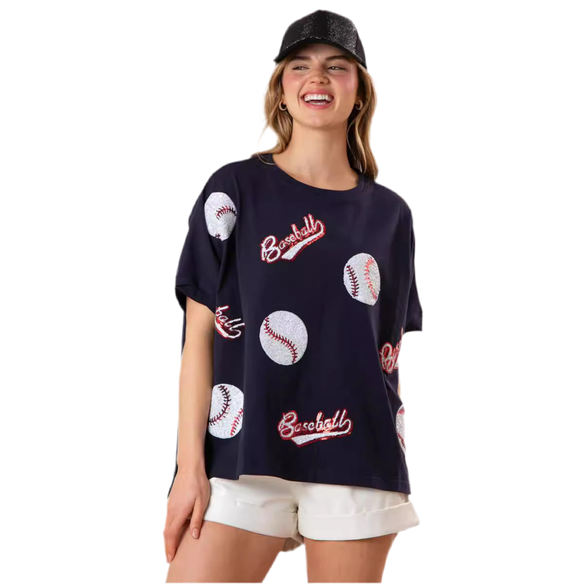 Sequin Baseball Graphic T-Shirt – Loose Fit Summer Tee for Women Sporty Glam with Fringe Detail