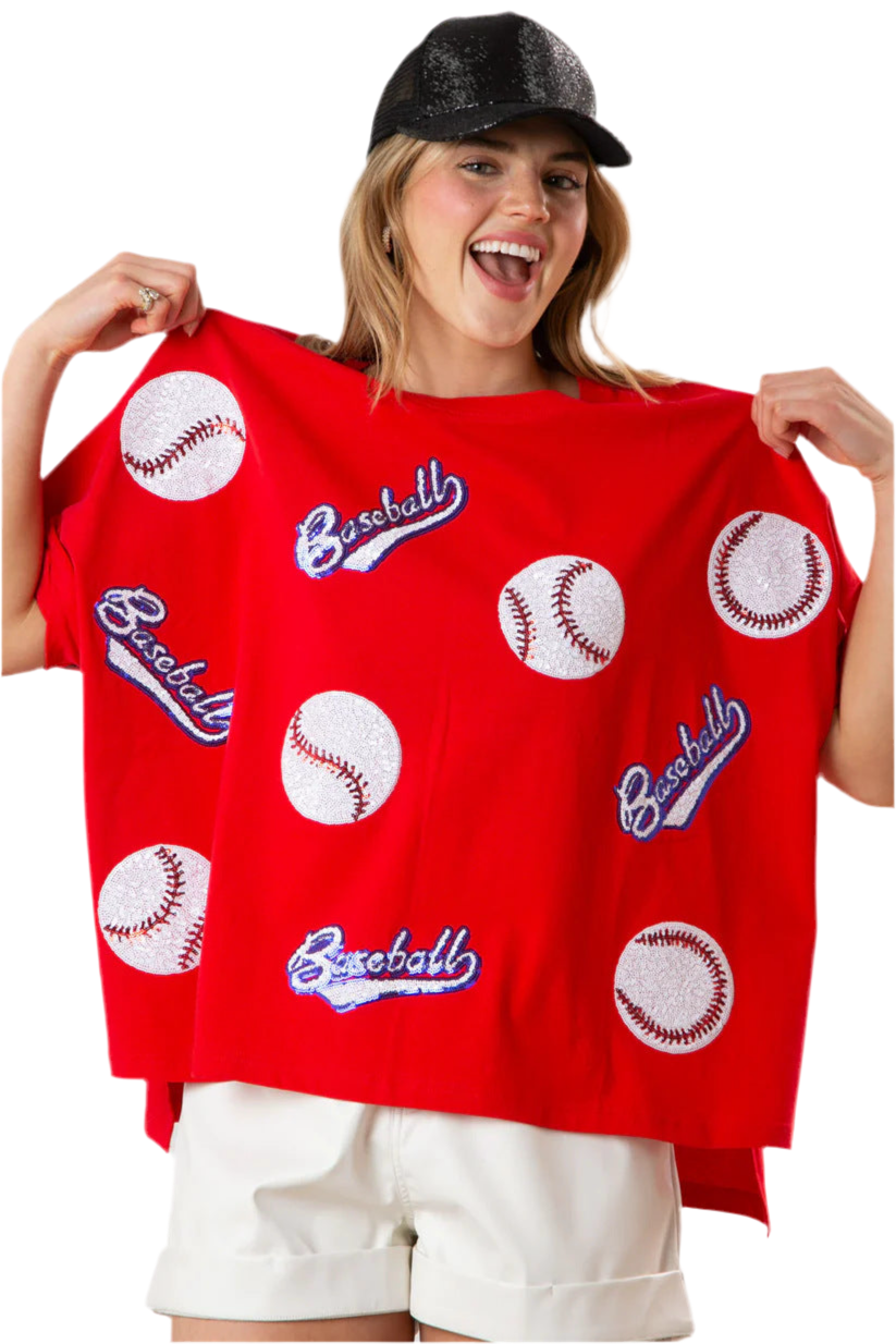 Sequin Baseball Graphic T-Shirt – Loose Fit Summer Tee for Women Sporty Glam with Fringe Detail