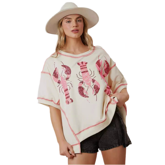 Lobster Sequin Graphic T-Shirt – Loose Fit Summer Tee for Women Fun & Casual Statement Top