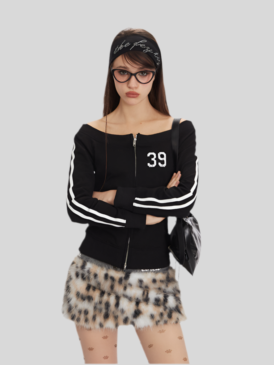 Off-Shoulder Zip-Up Crop Sweatshirt – Y2K Streetwear with Number Print Spring 2025 Drop