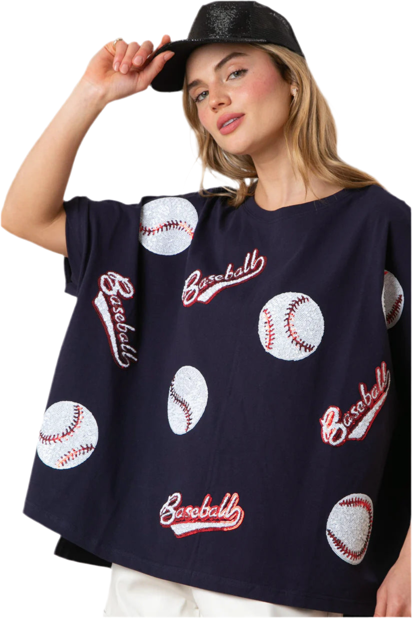 Sequin Baseball Graphic T-Shirt – Loose Fit Summer Tee for Women Sporty Glam with Fringe Detail