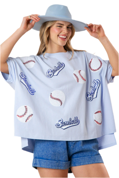 Sequin Baseball Graphic T-Shirt – Loose Fit Summer Tee for Women Sporty Glam with Fringe Detail