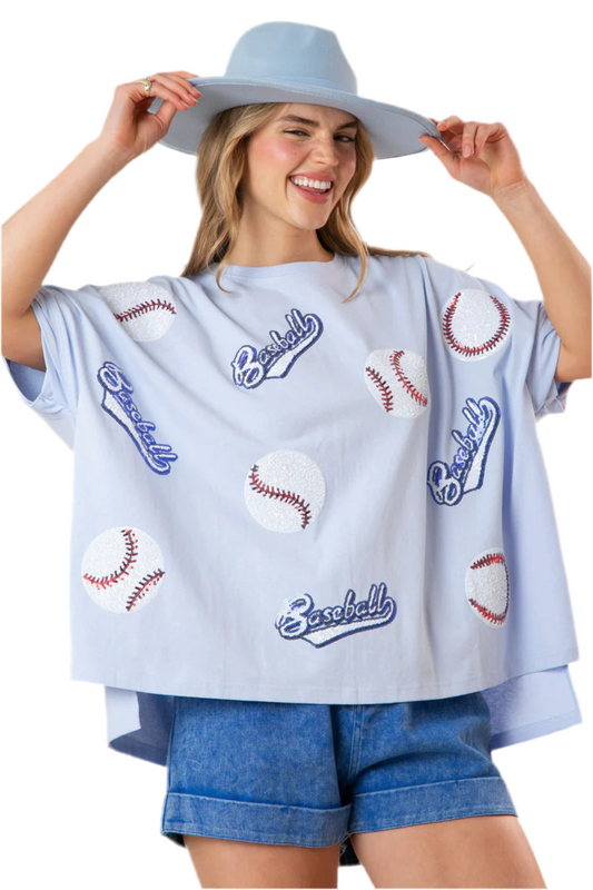 Sequin Baseball Graphic T-Shirt – Loose Fit Summer Tee for Women Sporty Glam with Fringe Detail