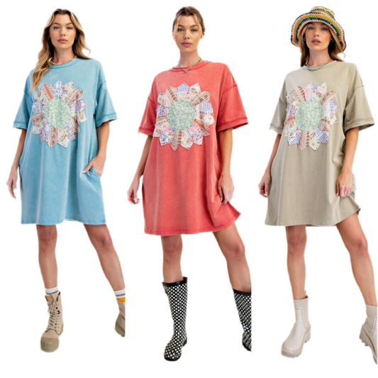 Oversized T-Shirt Dress for Women – Hip-Hop Embroidered Patchwork Tee Dress Breathable Street Style