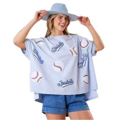 Sequin Baseball Graphic T-Shirt – Loose Fit Summer Tee for Women Sporty Glam with Fringe Detail