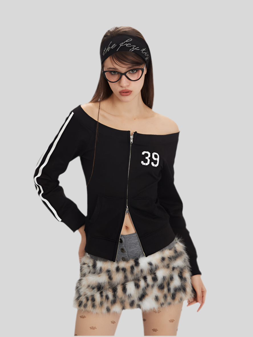 Off-Shoulder Zip-Up Crop Sweatshirt – Y2K Streetwear with Number Print Spring 2025 Drop